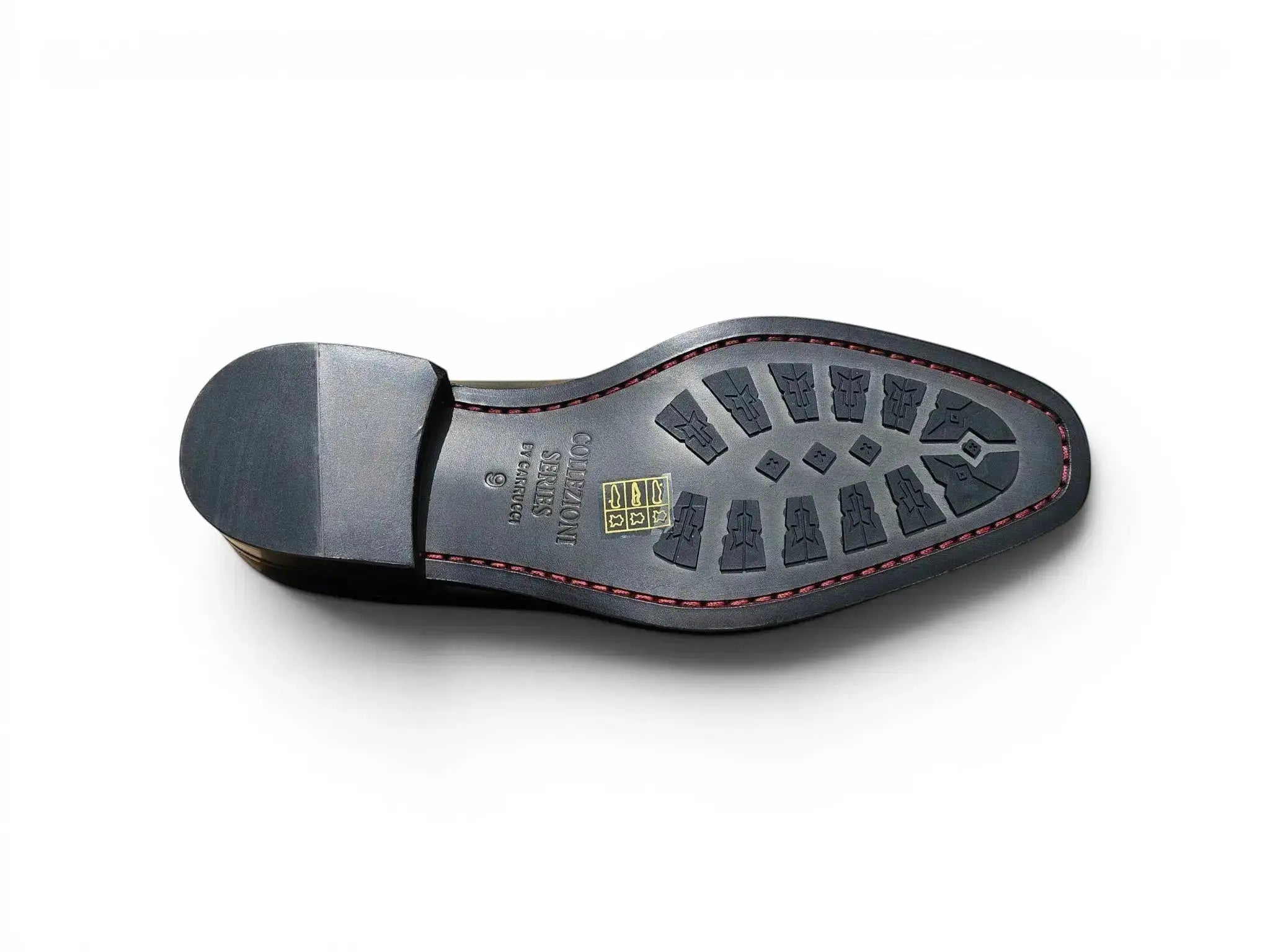Carrucci Shoes Alex two-tone wingtip oxford leather outsole with black rubber traction grip and red stitching