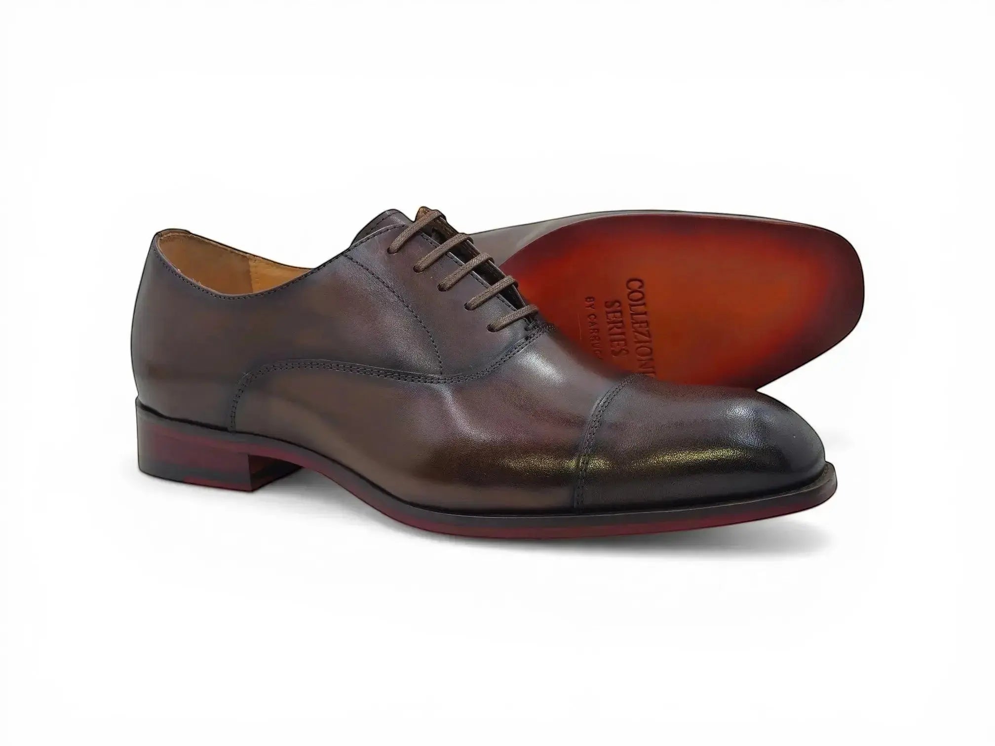 Carrucci Shoes men's dark brown leather cap toe oxford dress shoes with leather sole.