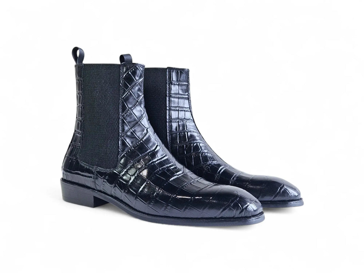 Navy blue Croc-Embossed Leather Chelsea Boots - Men Men main image 2