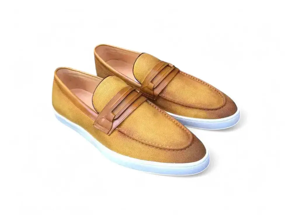 Embossed Leather Strap Linen Sneaker Carrucci