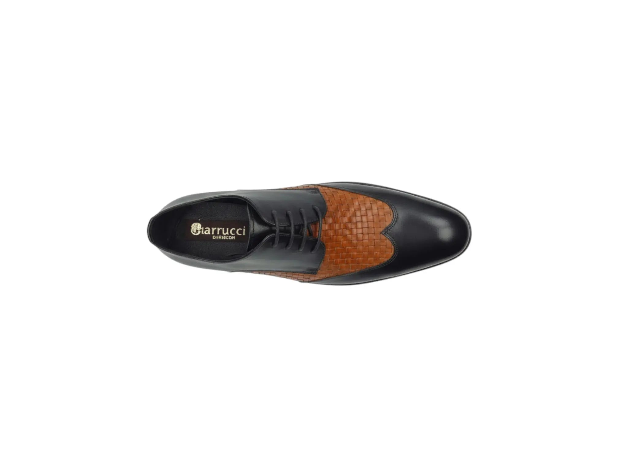 Carrucci Shoes black leather oxford with tan woven vamp, wing-tip toe, and four eyelets.