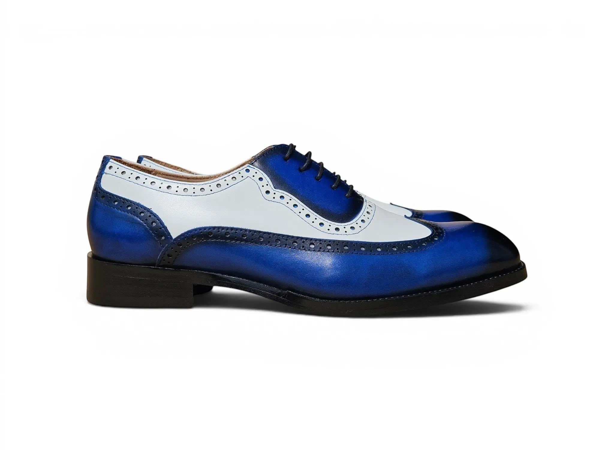 Carrucci Shoes Alex two-tone blue and white calfskin wingtip oxford with brogue detailing and leather outsole