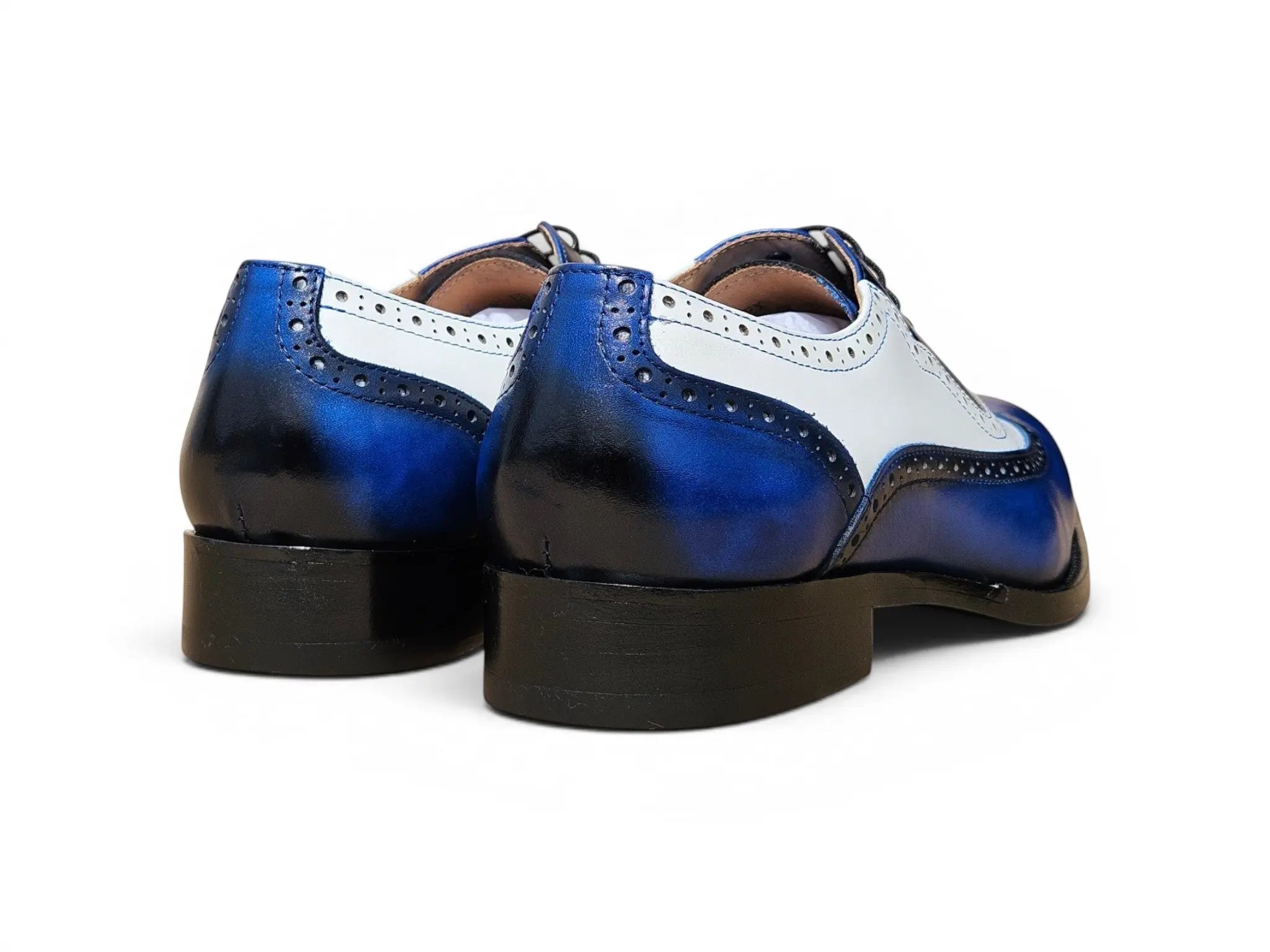 Carrucci Shoes Alex two-tone blue and white calfskin wingtip oxford with brogue detailing, rear view.
