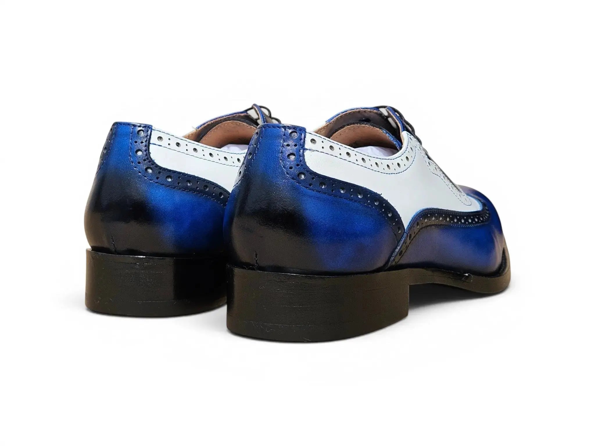Carrucci Shoes Alex two-tone blue and white calfskin wingtip oxford with brogue detailing, rear view.