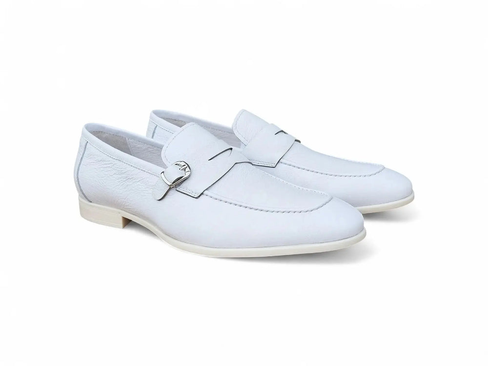 MAN\'S WHITE LEATHER DRESS LOAFERS WITH CHROME BUCKLE. SIZE 10 1/2 CR White Leather Buckle Loafers Leather Slip Ons: Men main image 2