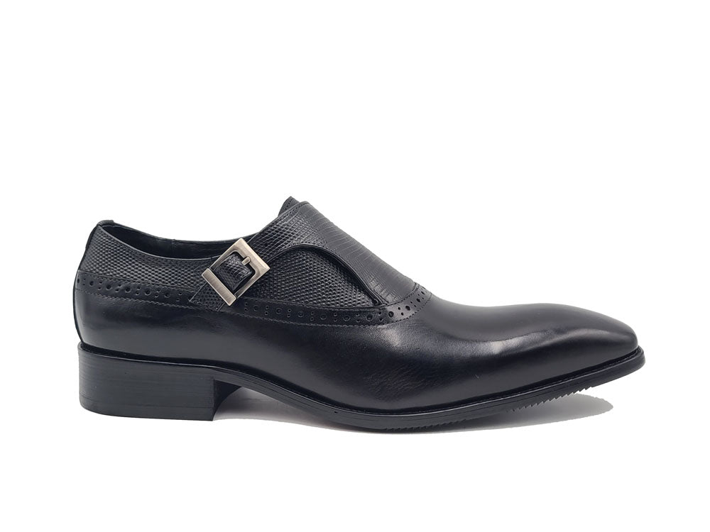 Plain Toe Single Monk Loafer With Embossed Lizard Calf Leather