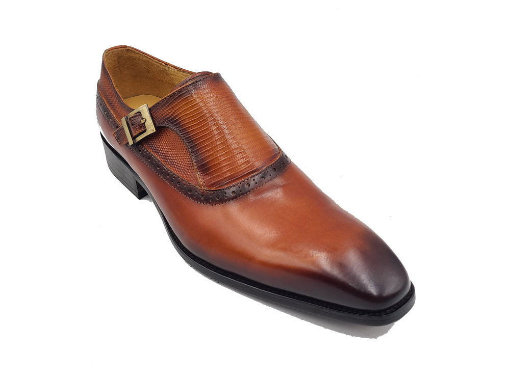 Plain Toe Single Monk Loafer With Embossed Lizard Calf Leather