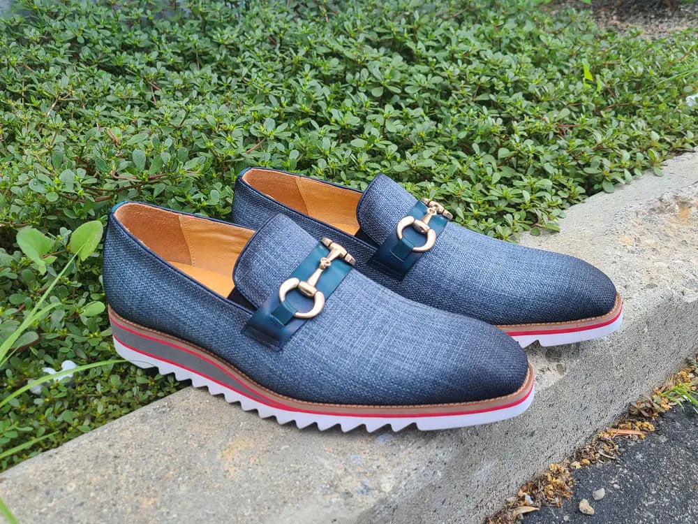 Linen Loafer With Gold Tone Buckle Carrucci