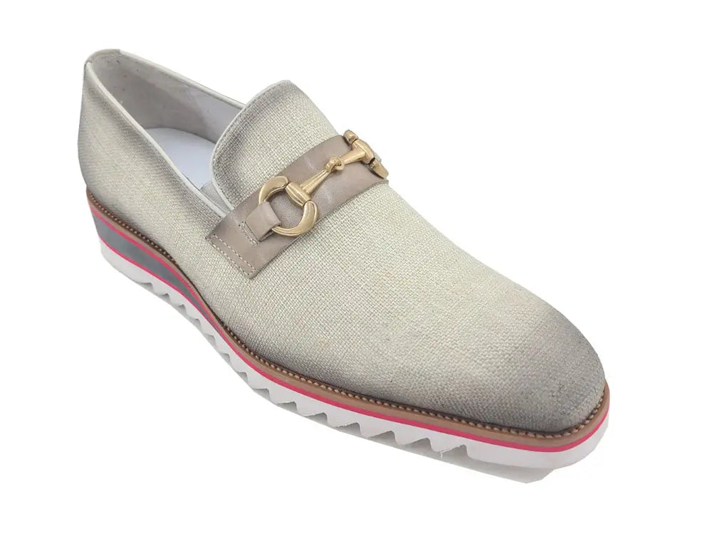 Linen Loafer With Gold Tone Buckle Carrucci