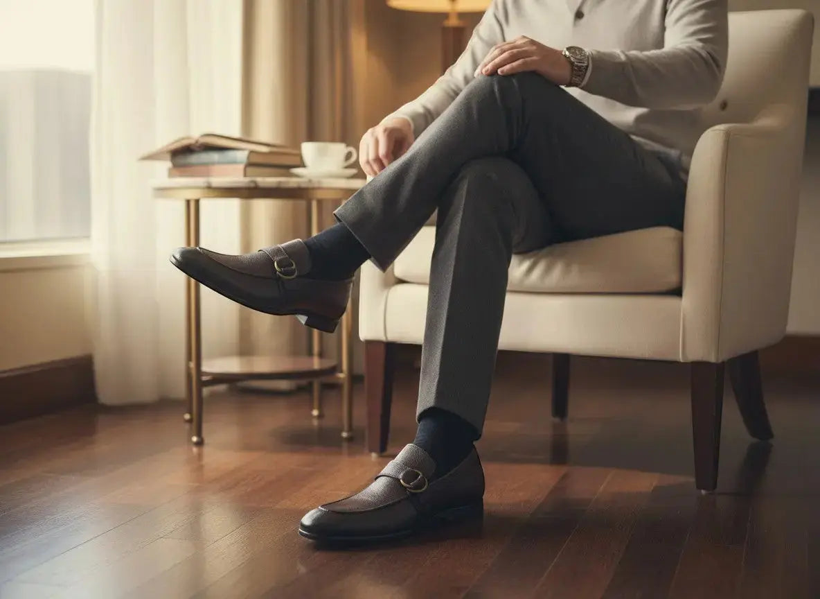 Carrucci Shoes men's dark brown full-grain calfskin leather loafer shoes with double D-ring detail and rubber sole.