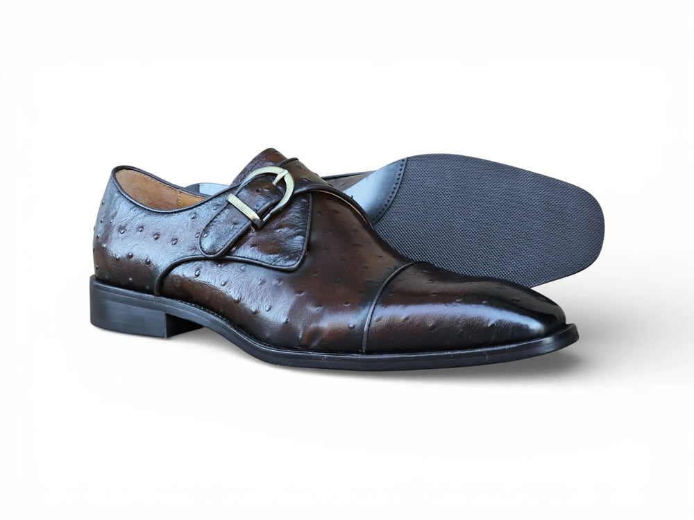 Ostrich Embossed Cap Toe Single Monk Strap - Chestnut / 8 Ostrich Embossed Cap Toe Single Monk Strap - Chestnut / 8