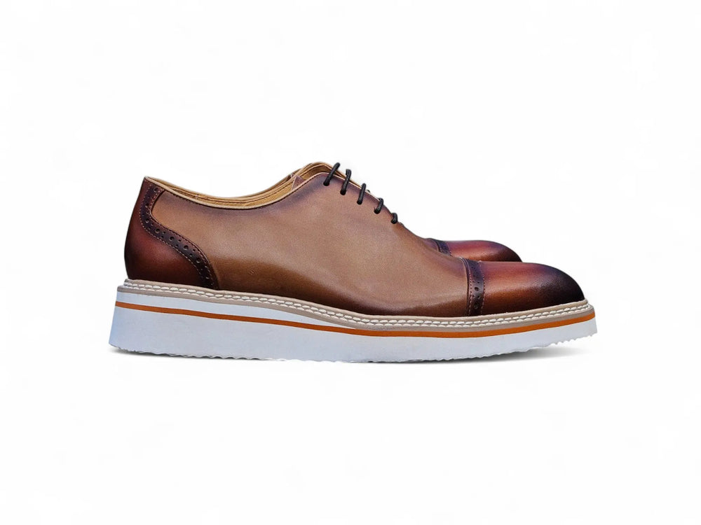 Men\'s Two-Tone Tan and Dark Brown Lace-Up Derby Shoes (M) Carrucci Mens Brown/Tan Two Tone Lace-up Oxford Leather  main image 2